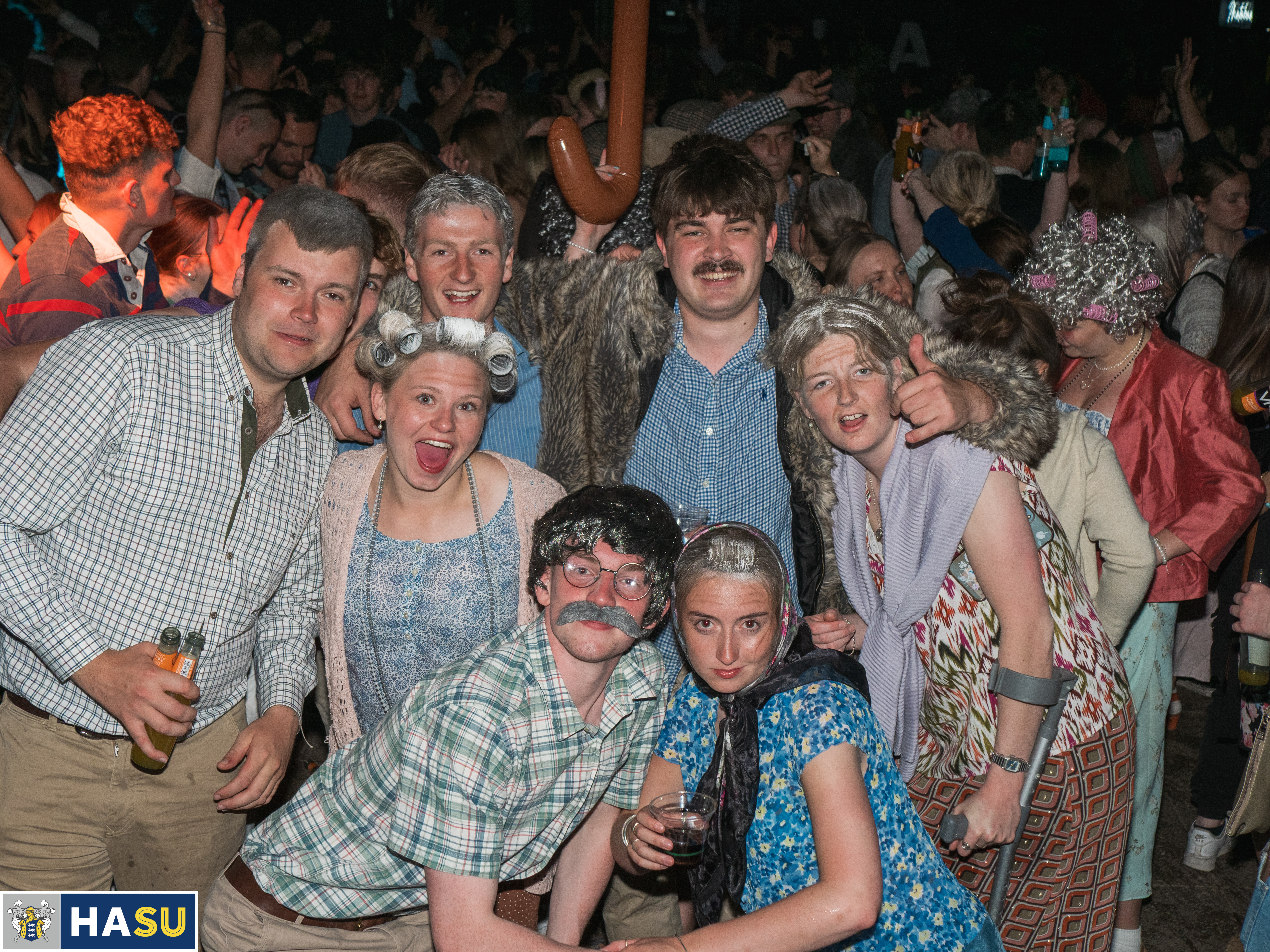 Group of friend in fancy dress as pensioners at the Flock event